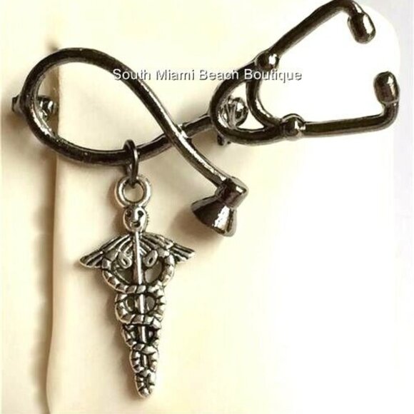 Medical Caduceus Stethoscope Pin Brooch Silver Plated Graduation Gift RN MD LPN - Picture 3 of 9